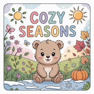 Könnte beinhalten: Eine quadratische Illustration mit einem braunen Bären, der in einer Landschaft sitzt, die vier Jahreszeiten darstellt. Der Text COZY SEASONS ist oben zentriert. Die Szene zeigt eine Sonne, Blumen, Schmetterlinge, Herbstblätter, einen Kürbis und Schneeflocken.