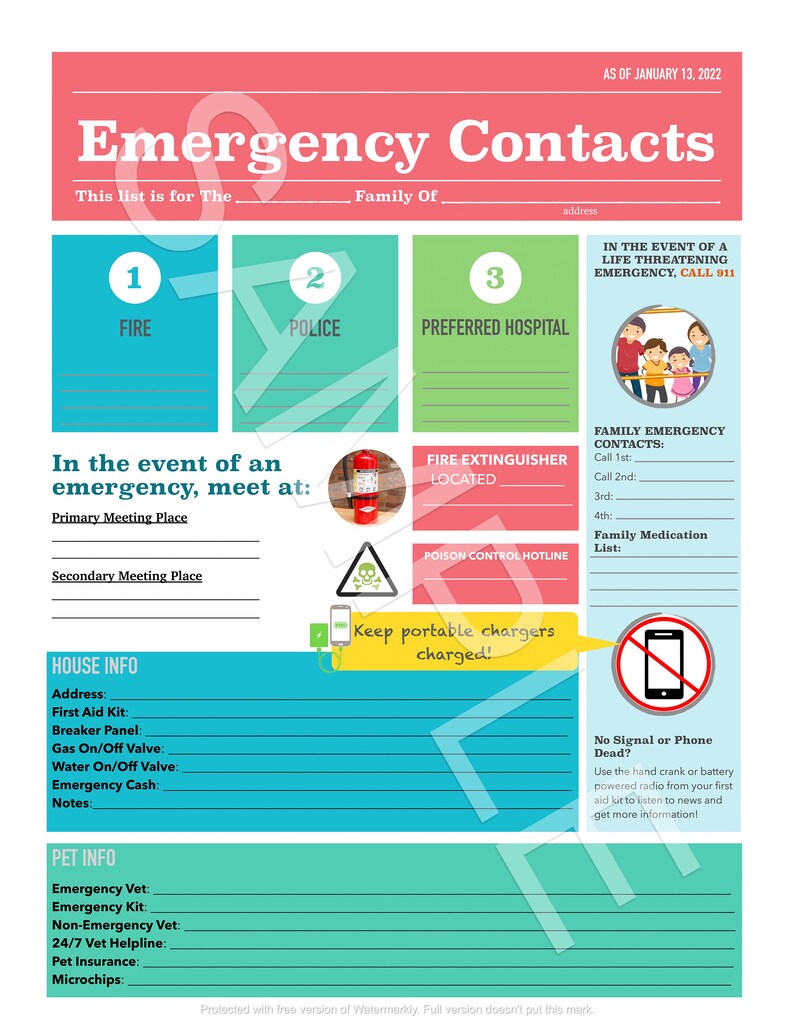 Family Emergency Info Sheet Etsy