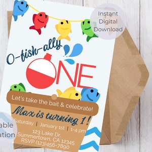 o-fish-ally one birthday invitation , first birthday party, boy&#39;s birthday party, printable invitation, editable invitation,