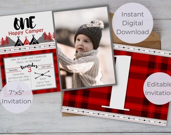 Happy Camper 1st Birthday Invitation, Red Plaid Photo Invite (Digital Download)