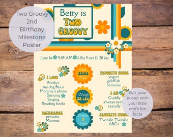 Two Groovy 2nd Birthday Milestone Poster, 70s Party Decor (Printable, Editable)