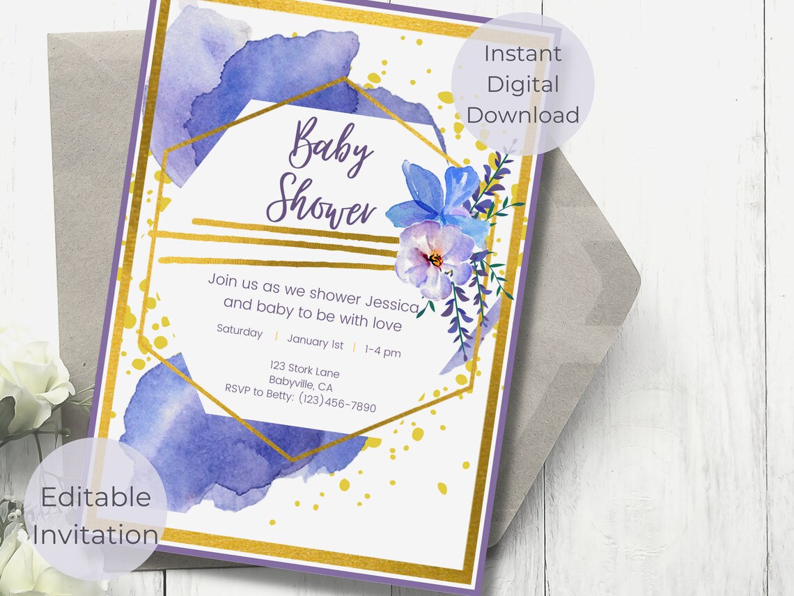 Purple and Gold Baby Shower Invitation, Floral Baby Shower Invite ...