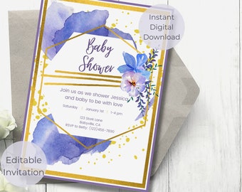 Purple and Gold Floral Baby Shower Invitation, Gender Neutral, Editable (Digital Download)