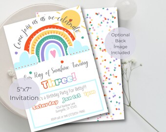 May include: A colorful 5"x7" birthday party invitation with a rainbow, clouds, and a sun. The text reads "Come join us as we celebrate our Ray of Sunshine turning Three! It's a Birthday Party for Betty!!! Saturday Jan 1st 1pm 1234 Rainbow Lane Sunnyville, CA 12345 RSVP call or text (123)456-7890".