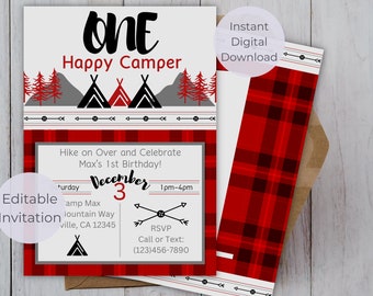Happy Camper 1st Birthday Invitation, Red Plaid (Digital Download)