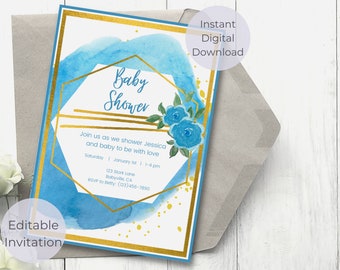 May include: Blue and gold baby shower invitation with a watercolor background and a geometric frame. The text reads "Baby Shower" and includes details about the event, such as the date, time, and location.