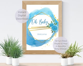 Blue and Gold Floral Baby Shower, Printable Party Packet (Digital Download)