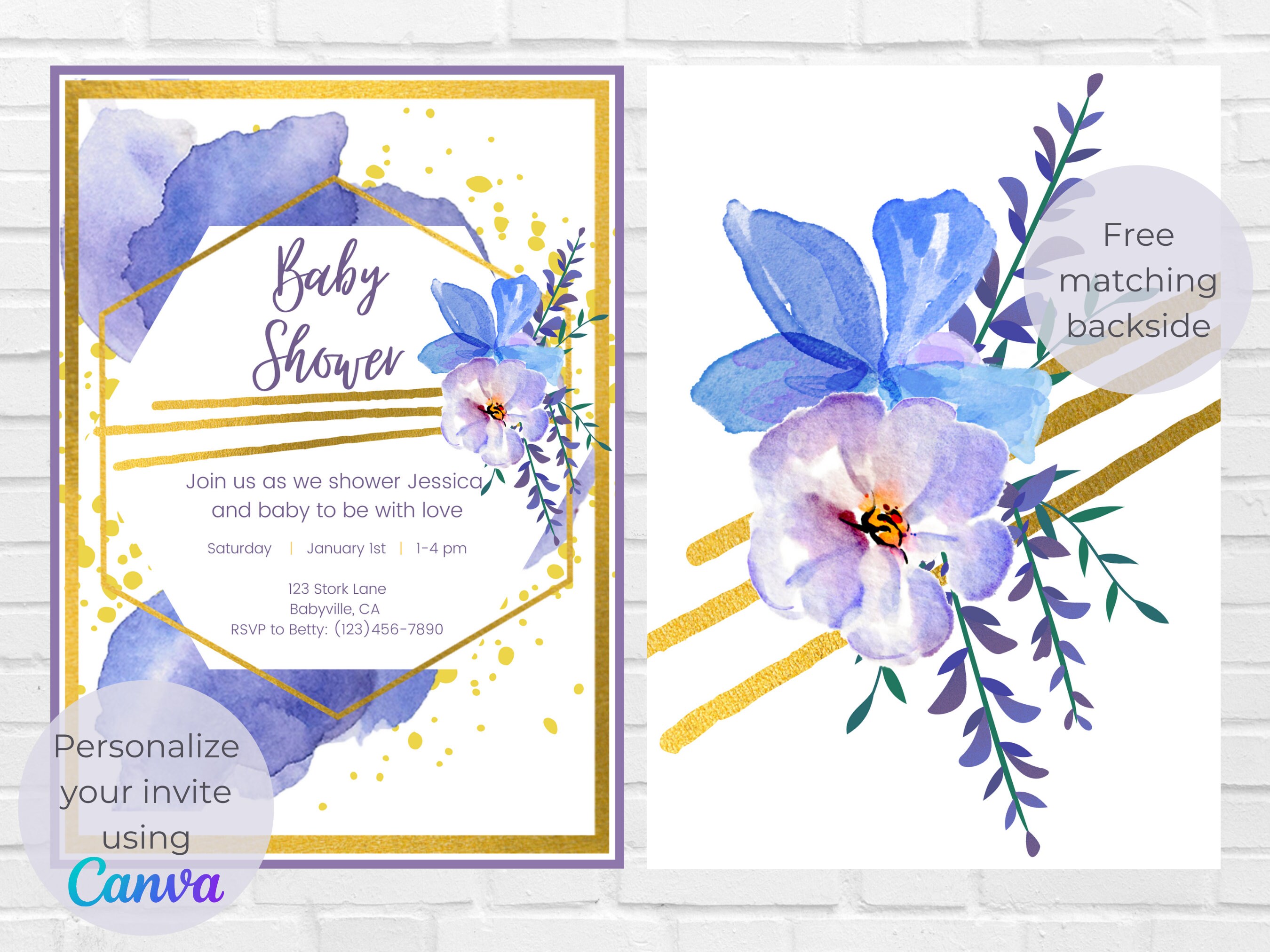 Purple and Gold Baby Shower Invitation, Floral Baby Shower Invite ...