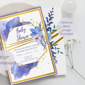Purple and Gold Baby Shower Invitation, Floral Baby Shower Invite ...