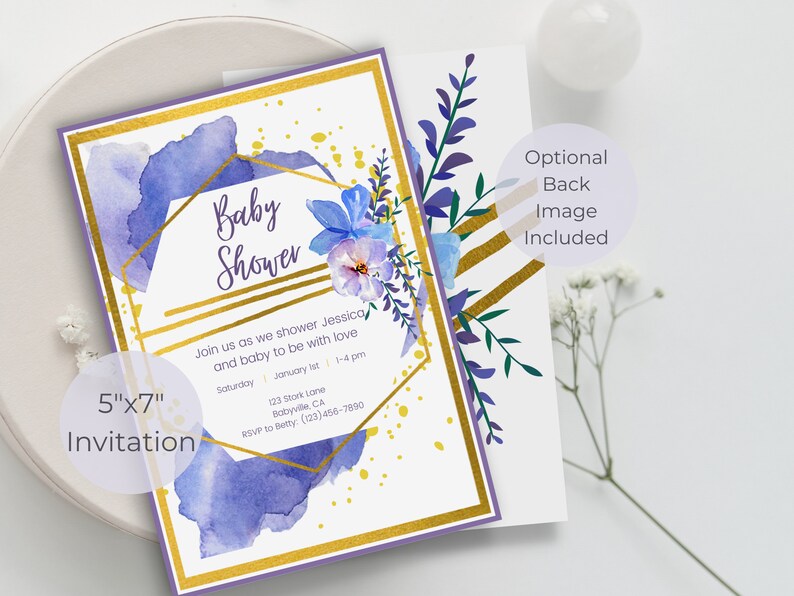 Purple and Gold Baby Shower Invitation, Floral Baby Shower Invite ...