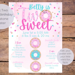 two sweet milestone posters, girl's 2nd birthday party, pink donut milestone poster, pink donut birthday party