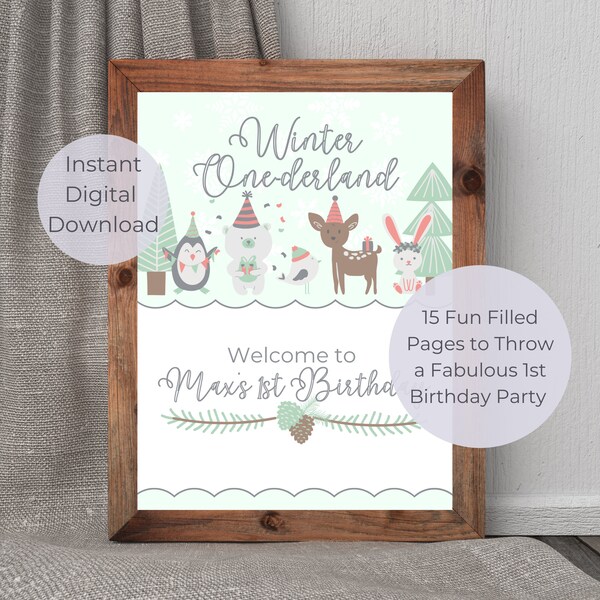 Winter One-derland party decoration packet, winter forest animal 1st birthday party, editable and printable party decor