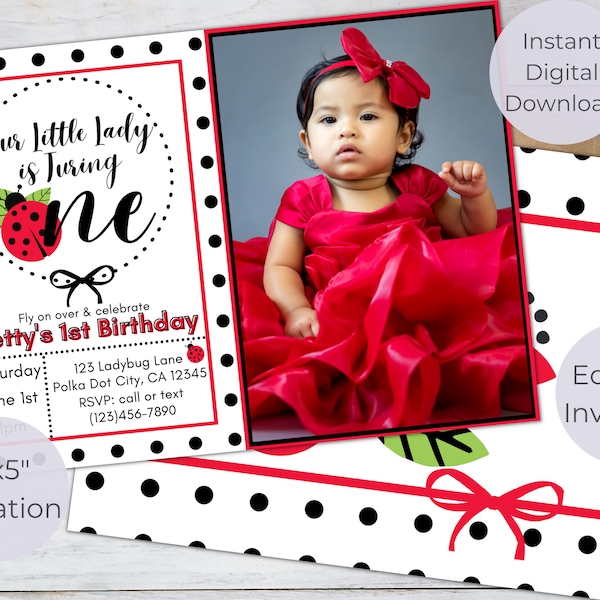 ladybug 1st birthday photo invitation, editable photo invite, printable photo invite