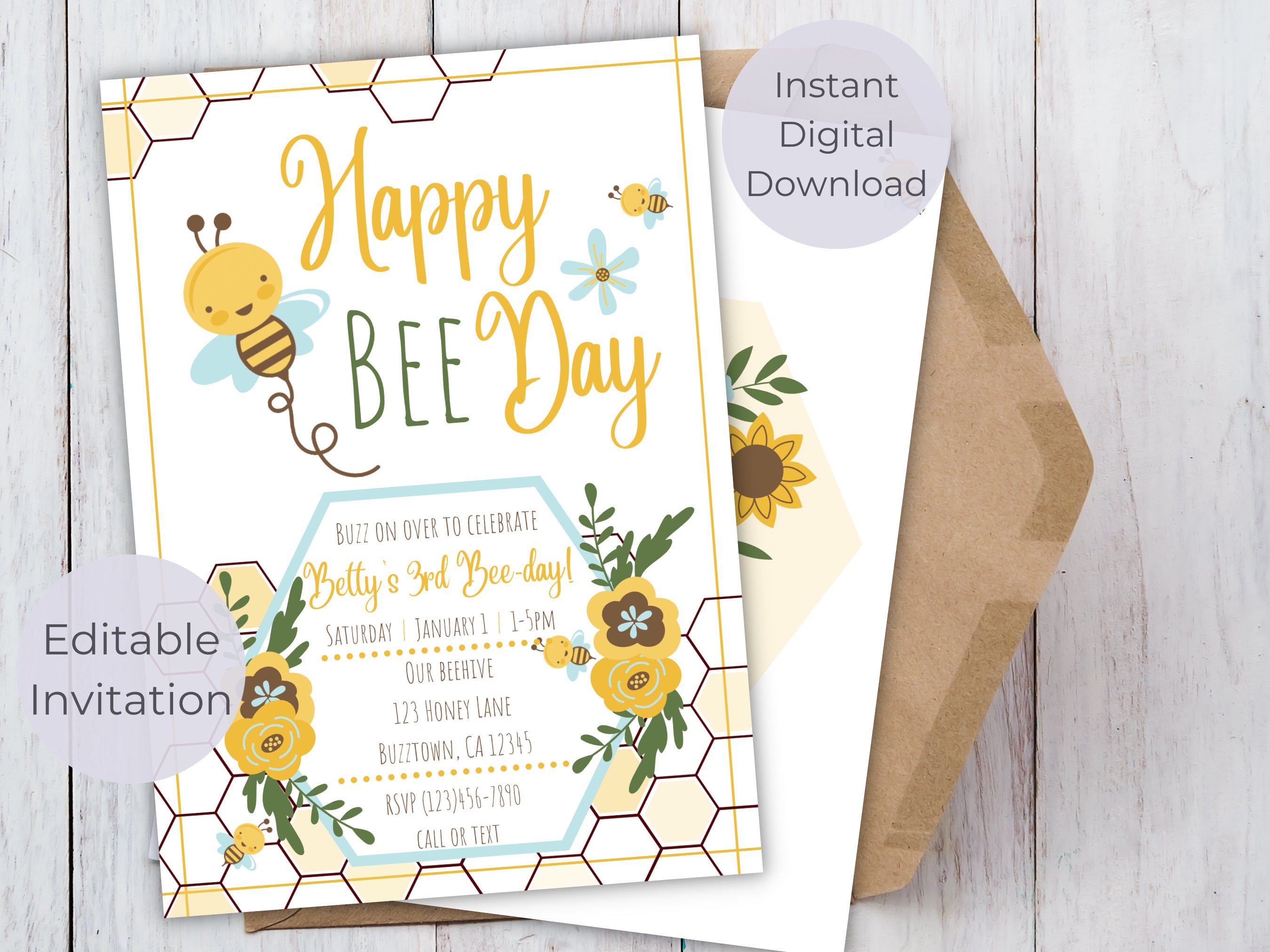 Happy Bee Day invitation bee birthday invitation editable and printable invite