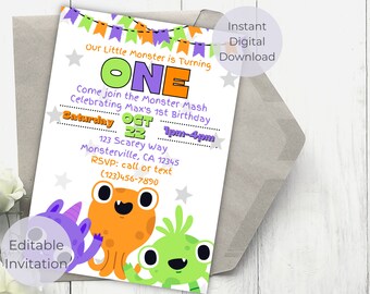 May include: Editable Monster Mash birthday party invitation with a purple, orange, and green monster illustration. The invitation says "Our Little Monster is Turning One" and includes the date, time, and location of the party.