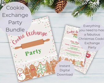 May include: A printable digital download bundle for a Christmas cookie exchange party. The bundle includes a party invitation and a sign that says "Cookie Exchange Party". The invitation features a gingerbread man, a snowman, and a Christmas tree. The sign features a rolling pin and a red and green polka dot background.