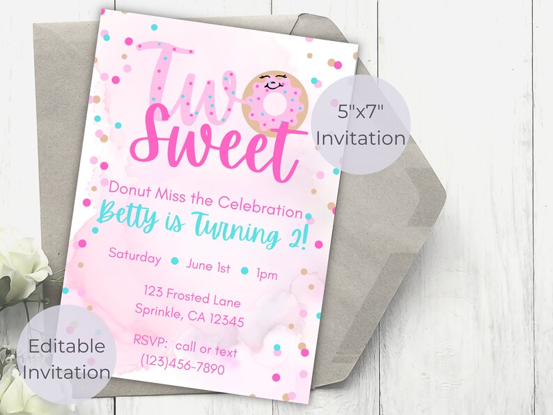 two sweet invitation 2 sweet invite pink donut birthday party editable invitation girls 2nd birthday party