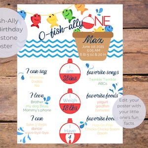 0-fish-ally one milestone poster, boy&#39;s first birthday party, editable first year milestone poster
