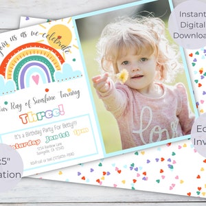 Sunshine and Rainbows photo invitation, printable invite, editable invite, rainbow birthday party