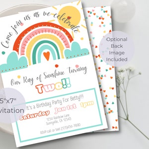 sunshine and rainbows boho colors birthday invitation, printable invitation, editable invitation