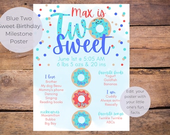 Blue Donut 2nd Birthday Milestone Poster, Editable Template (Digital Download)