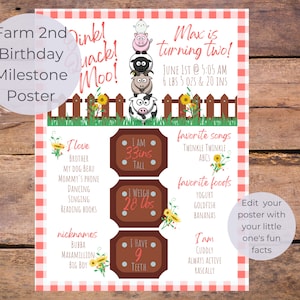 farm animals 2nd birthday milestone poster, printable editable 2nd year milestone poster