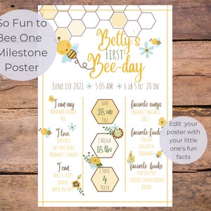 So Fun to Bee One Milestone Poster, editable and printable 1st Bee Day Milestone poster, 18x24 and 24x36 poster, bee 1st birthday