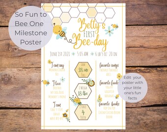 Bee First Birthday Milestone Poster, Editable 1st Bee Day (Digital Printable)