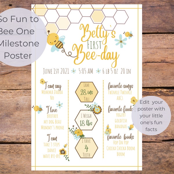 So Fun to Bee One Milestone Poster, editable and printable 1st Bee Day Milestone poster, 18x24 and 24x36 poster, bee 1st birthday