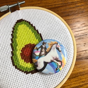 Cat Riding Unicorn Needleminder for Cross Stitch and Embroidery - Magnetic Needle Minder, magnet - needle nanny, rainbow