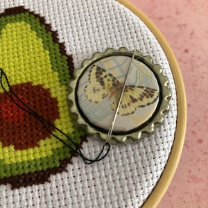 Yellow Butterfly Bottlecap Style Needleminder for Cross Stitch and Embroidery - Magnetic, magnet, bottle cap