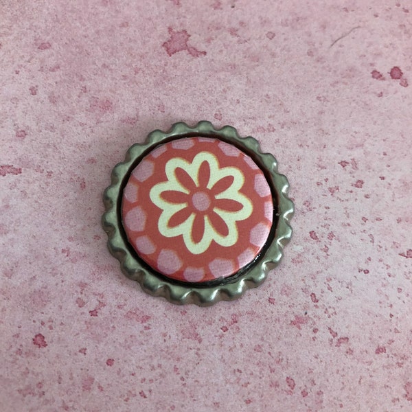Pink, Red, and White Flower Bottlecap Style Needleminder for Cross Stitch and Embroidery - Magnetic, magnet, bottle cap