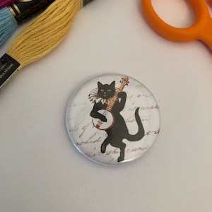 Cat with Banjo Needleminder for Cross Stitch and Embroidery - Magnetic Needle Minder, magnet - Black cat, needle nanny, snarky cross s