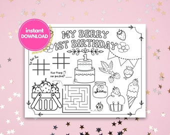 Berry First Birthday Coloring Placemat, Strawberry Party (PDF Pattern)