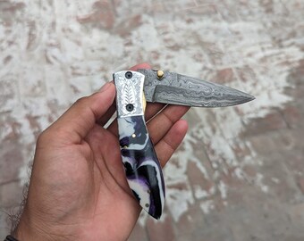 Custom Handmade Damascus steel inner lock folding knife, beautiful handle, engraved bolster
