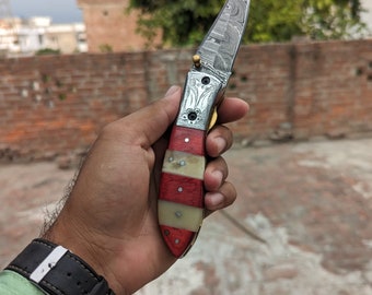 Custom Handmade Damascus steel inner lock folding knife, beautiful handle, engraved bolster