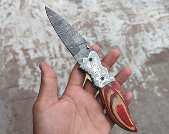 Custom Handmade Damascus steel inner lock folding knife, beautiful handle, engraved bolster