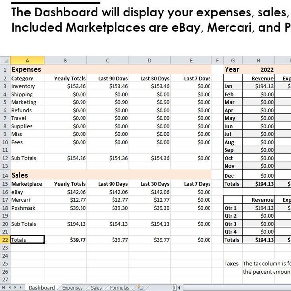Sales, Expense, Reseller Profit Tracker eBay, Poshmark, Mercari Excel Spreadsheet