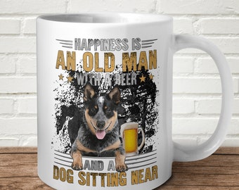 Happiness Is An Old Man With A Dog And Beer Mug Fathers Day Birthday Gift Present Fun Pet