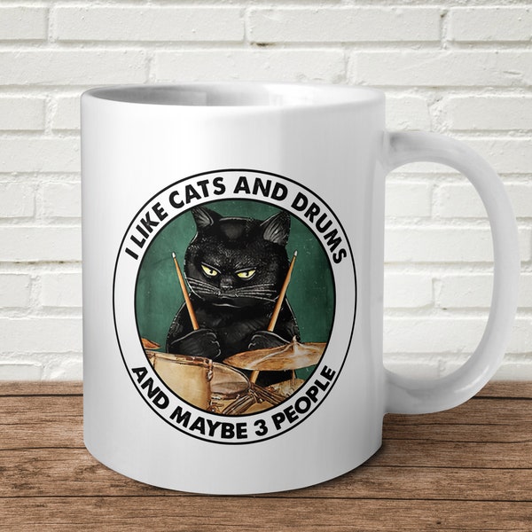 I Like Cats And Drum en misschien 3 mensen Mug Gift Cadeau Verjaardag Huisdieren Drummer Muzikant