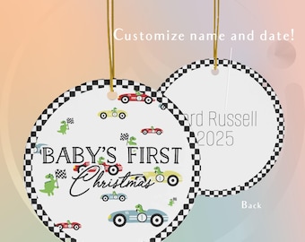 Personalized Baby's First Christmas Ornament: Dino Race Car, F1 Inspired