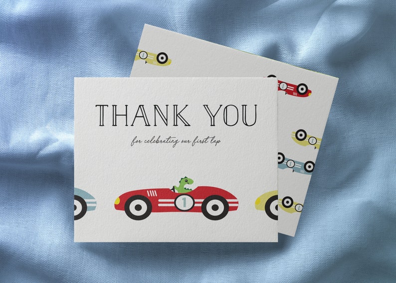 Race Car 1st Birthday Thank You Cards First Birthday Dinosaur image 1
