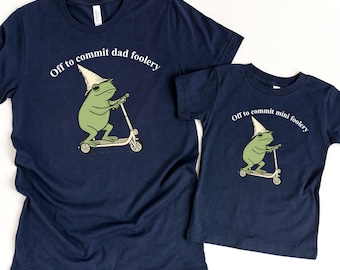 Funny Father and Baby Frog Shirt Off to Commit Dad Foolery Mini Foolery Frog Scooter Tee First Fathers Day Gift Matching Father Daughter Son