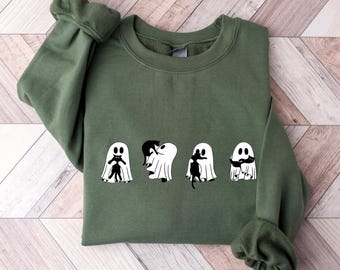 Halloween Black Cat & Ghost Sweatshirt, Halloween Ghost Sweatshirt, Spooky Season Cat Sweater, Halloween Cute Women Outfit, Halloween Gift