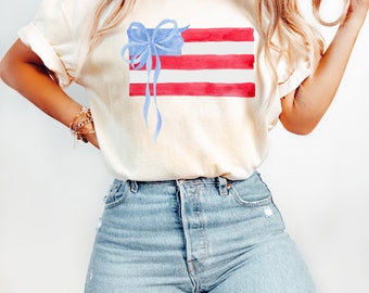 Coquette America Bow T Shirt, Comfort Color USA T Shirt, 4th of July Shirt, Memorial Day shirt, Patriotic Shirt, American Flag Bow, USA Tee