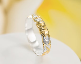 925 Sterling Silver 14K Gold Plated 4mm Hawaiian Princess Plumeria Flower Scroll Ring Stackable Wedding Band (Two Tone Yellow-Gold)