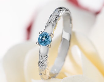 925 Sterling Silver Hawaiian Blue Topaz Princess Plumeria Flower Scroll Ring Stackable Wedding Band