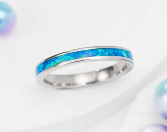 Sterling Silver 3mm Opal Stackable Wedding Ring Eternity Band