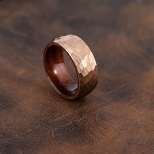 8mm Hammered Copper Tungsten Carbide Genuine Natural Koa Wood Inner Inlay Ring