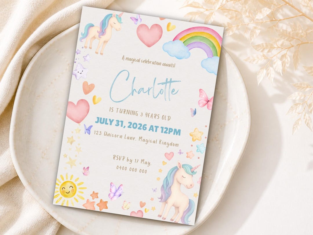 Editable Unicorn Birthday Invitation | Pastel Rainbow Watercolor Kids ...